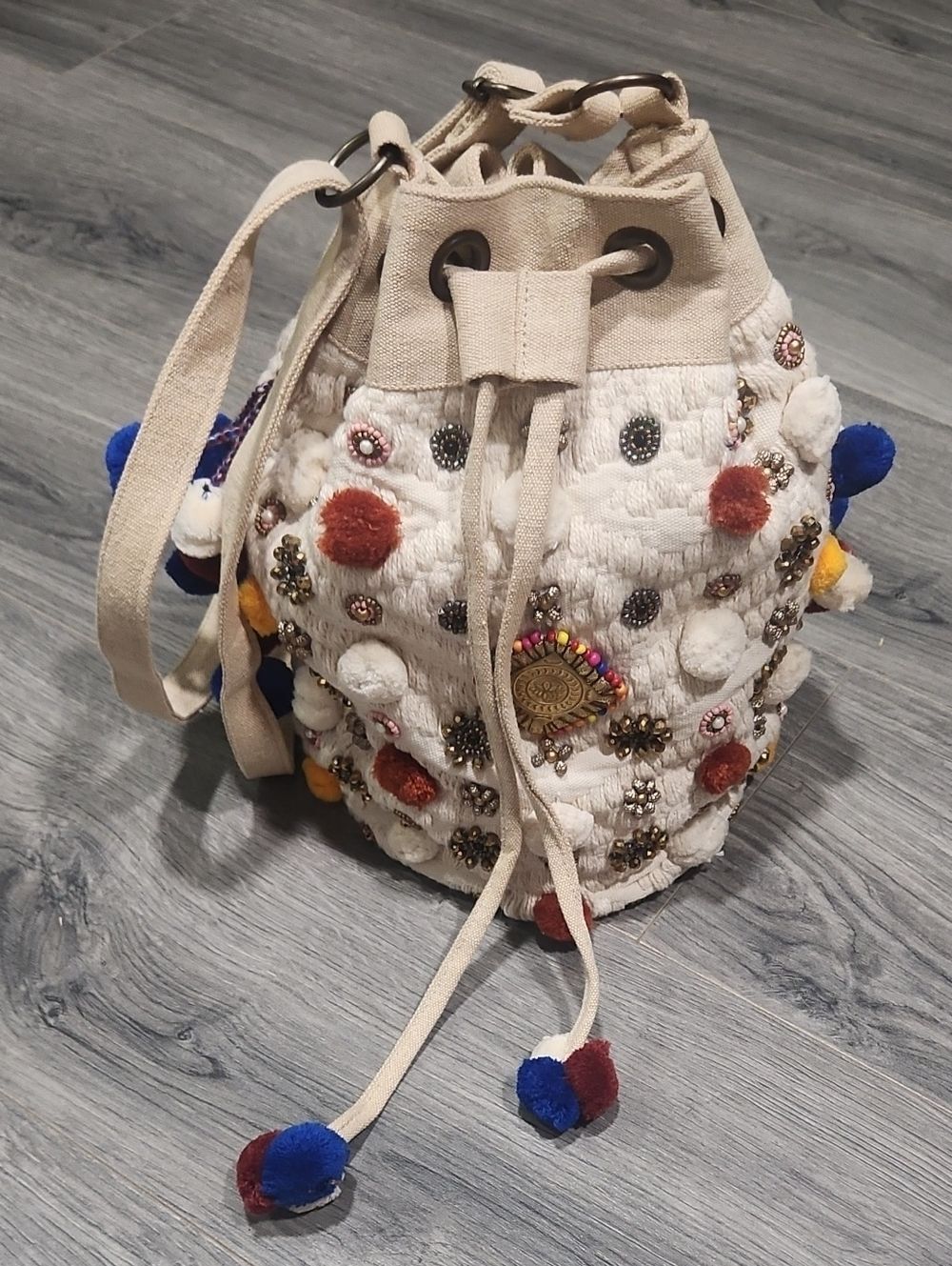 Boho Pom-Pom America & Beyond Drawstring Bucket Bag - Beige